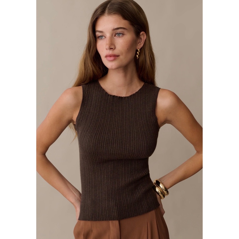 Few Moda CAARA Brown Ribbed Knit Scalloped Neck Tank Top C25KTPS06880 Small